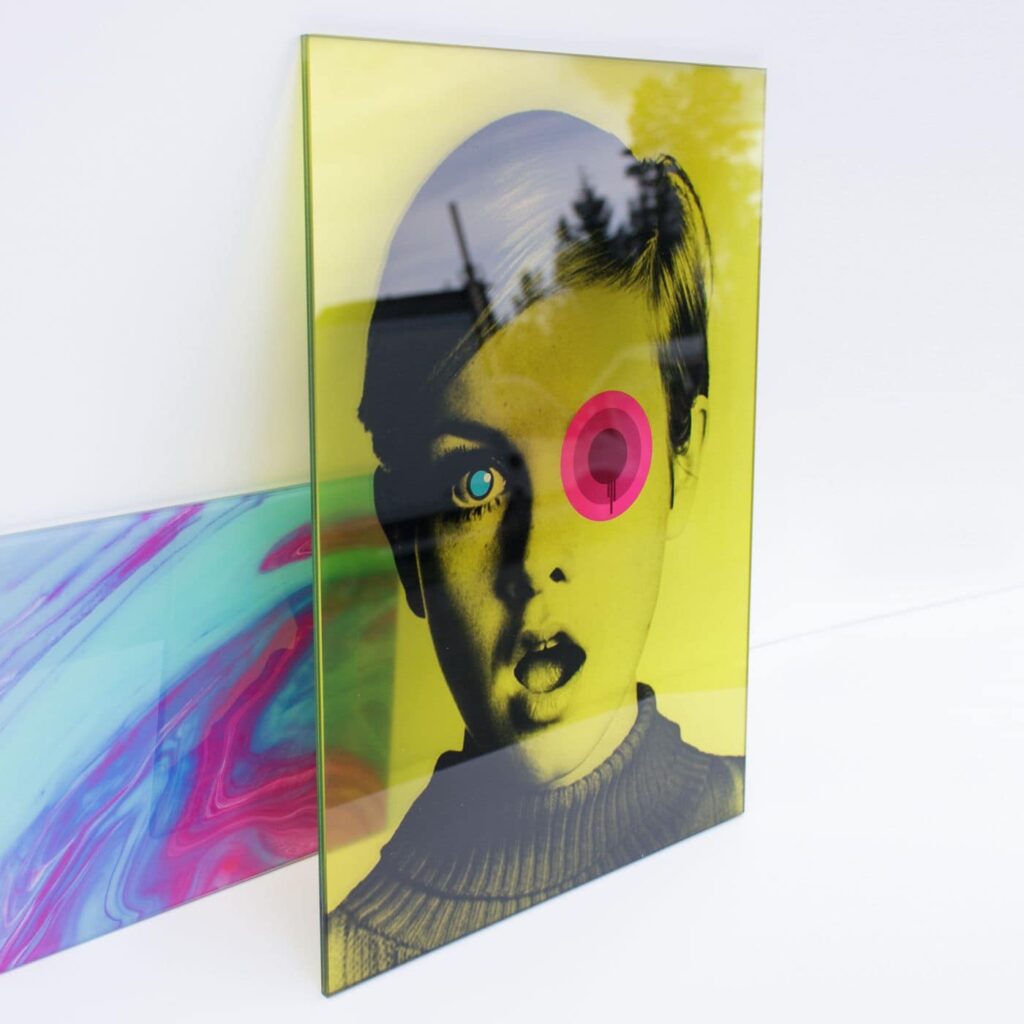 Vibrant yellow pop art portrait created using high-quality glass printing techniques