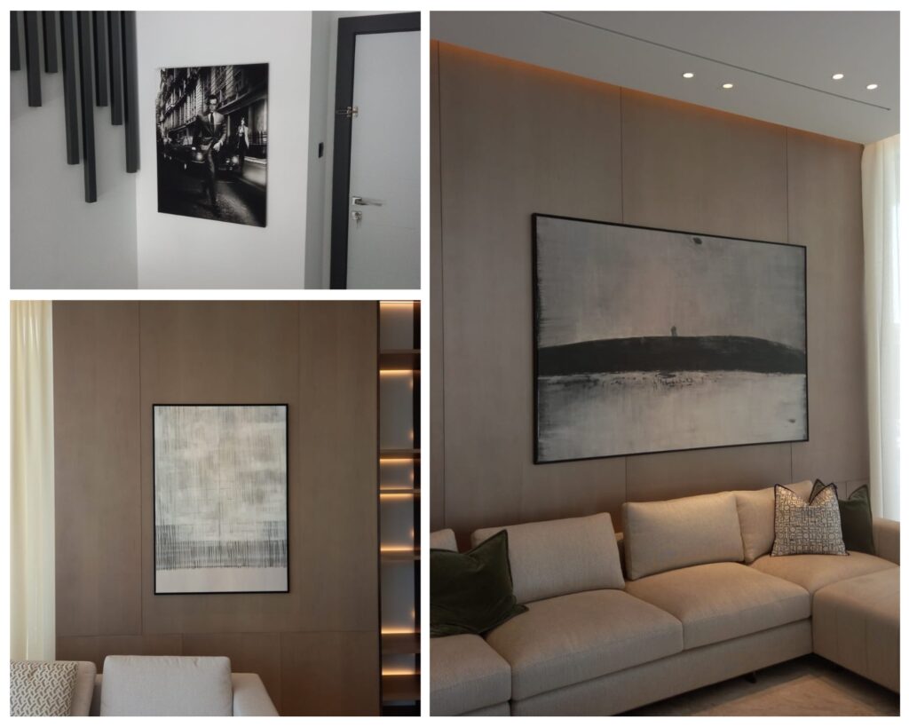 Large scale monochrome canvas photo printing in a modern office space.