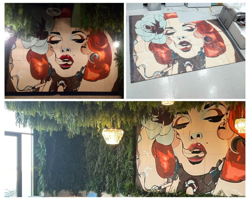 Vibrant pop art style canvas artworks Dubai installed in a modern interior with lush green wall decor