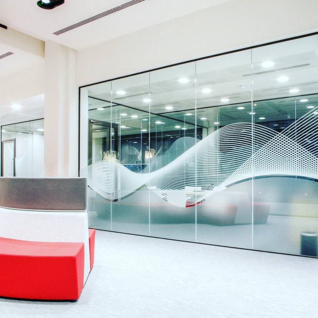 Decorative frosted glass printing with floral patterns on modern office partitions