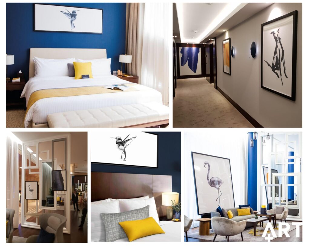 Large bird and abstract-themed oversized art canvas for hotel decor.