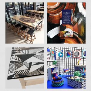 A collage of restaurant art featuring custom illustrated tables, abstract wall murals, and geometric interior decor