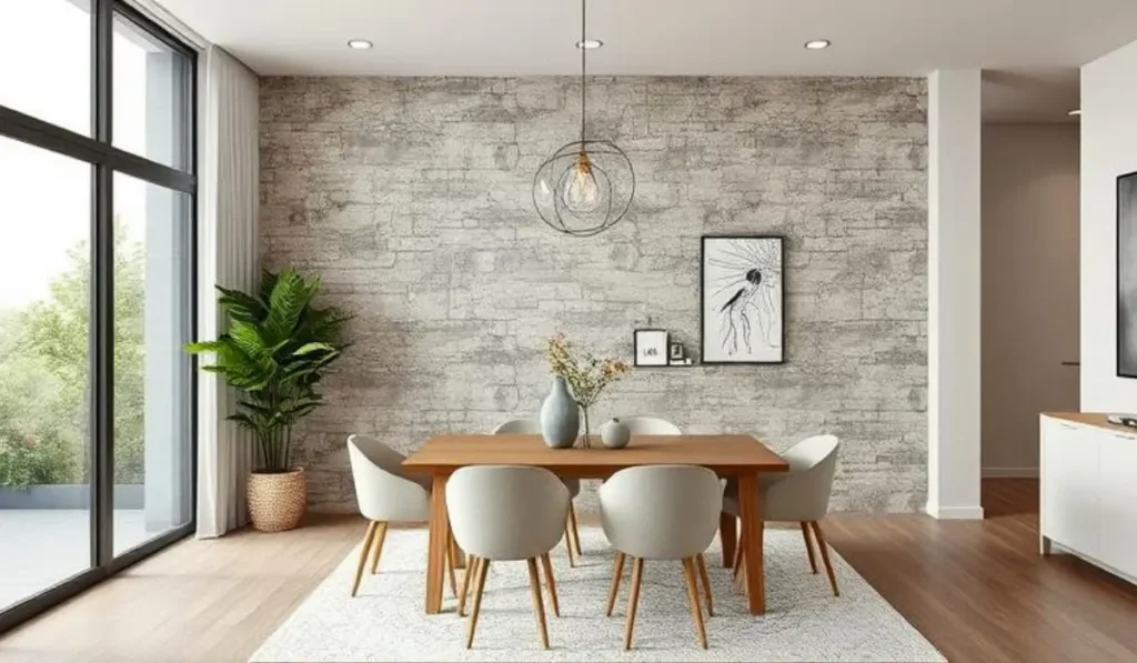 Modern dining room featuring grey stone imitation wall panels behind a wooden table and white chairs
