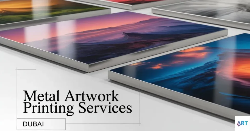 Modern metal artwork prints displayed in a Dubai art gallery.