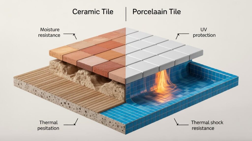 Ceramic and porcelain tiles for durable outdoor terraces, balconies, and patios