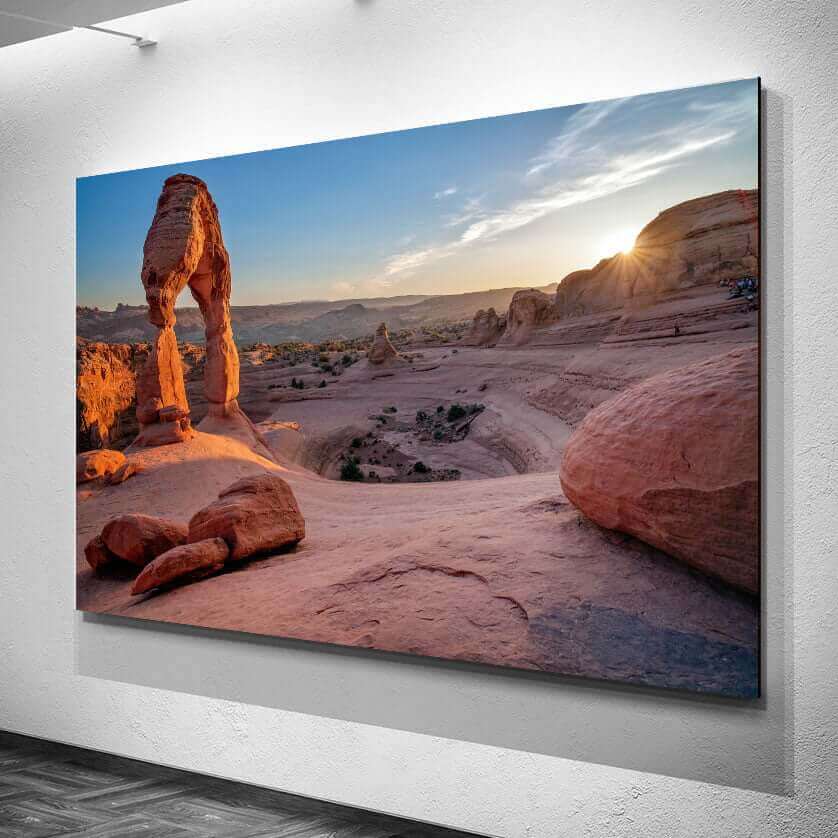 Custom acrylic photo prints featuring a desert arch at sunset for UAE home decor.