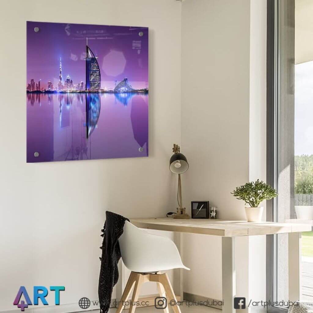 Custom acrylic print of the Dubai skyline and Burj Al Arab with a high-gloss UV finish.
