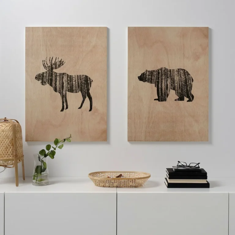 Custom wood art with moose and bear silhouettes printed on premium natural wood blocks.