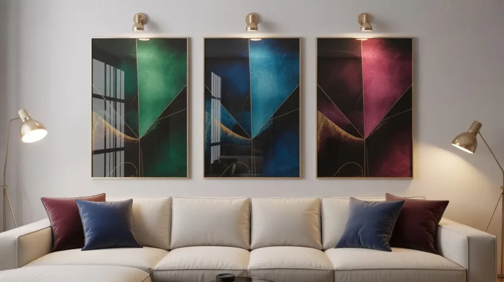 abstract acrylic photo prints with high-gloss finish in a luxury living room.