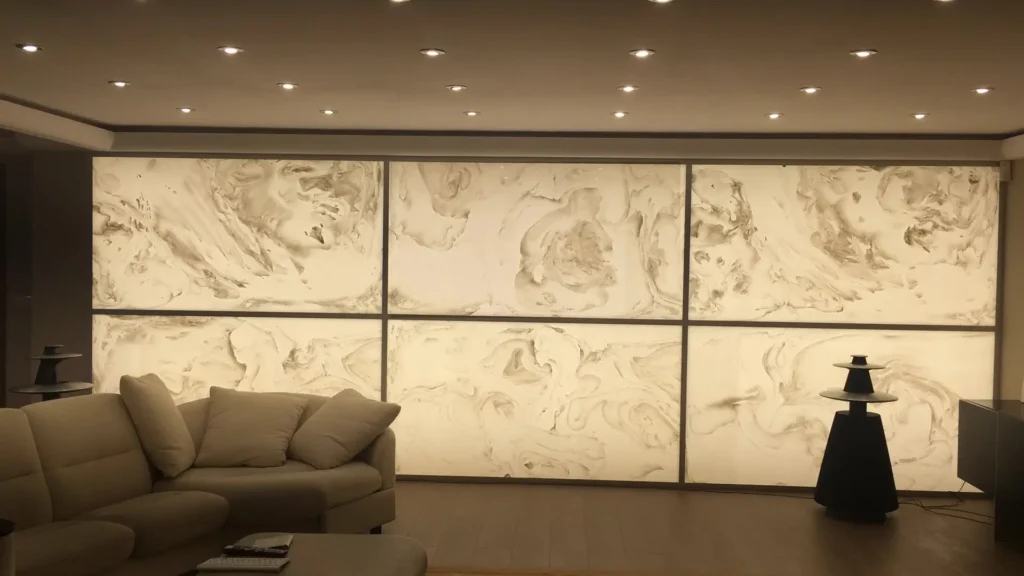 Stone imitation printing on glass panel showing realistic rock texture and natural color gradient