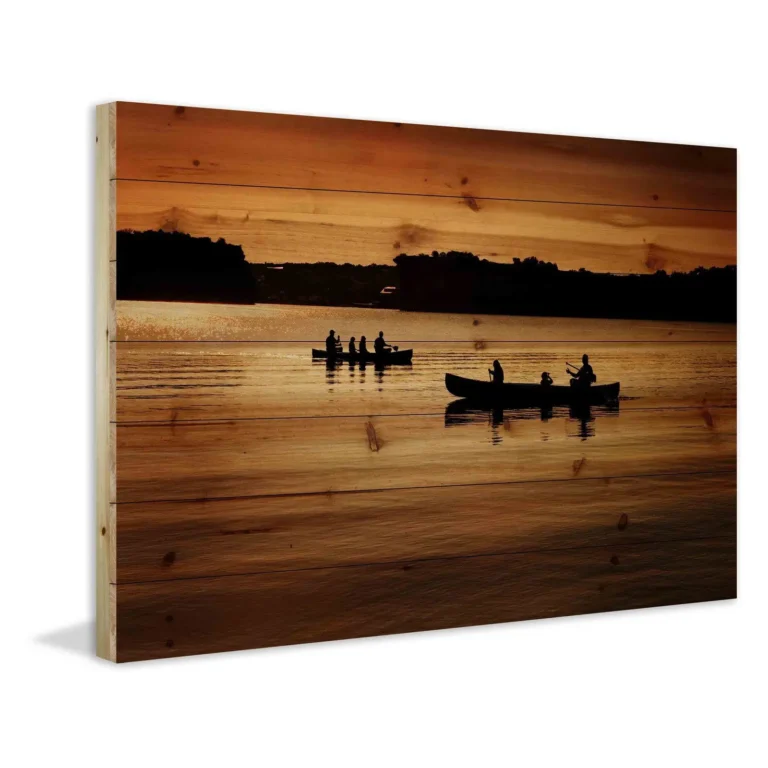 Custom wood art featuring a sunset lake scene UV printed on natural horizontal wood planks.