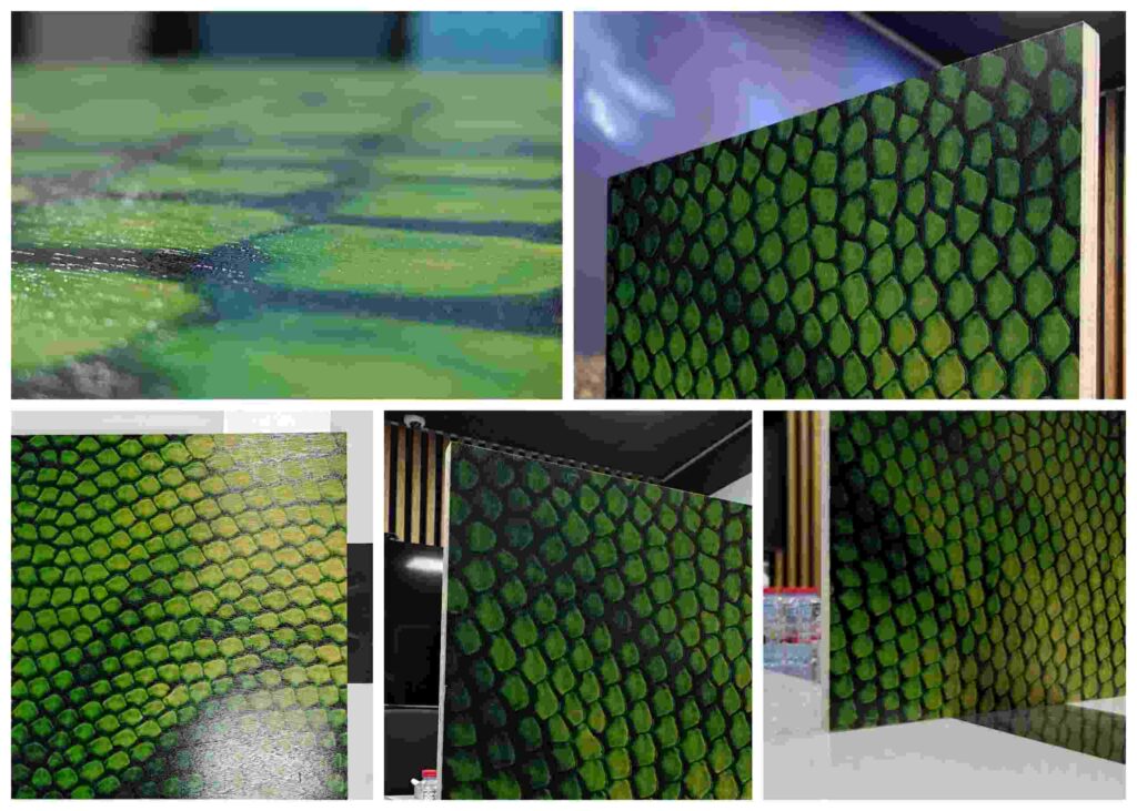 Close-up of snakeskin texture achieved through UV printing on wood in Dubai.