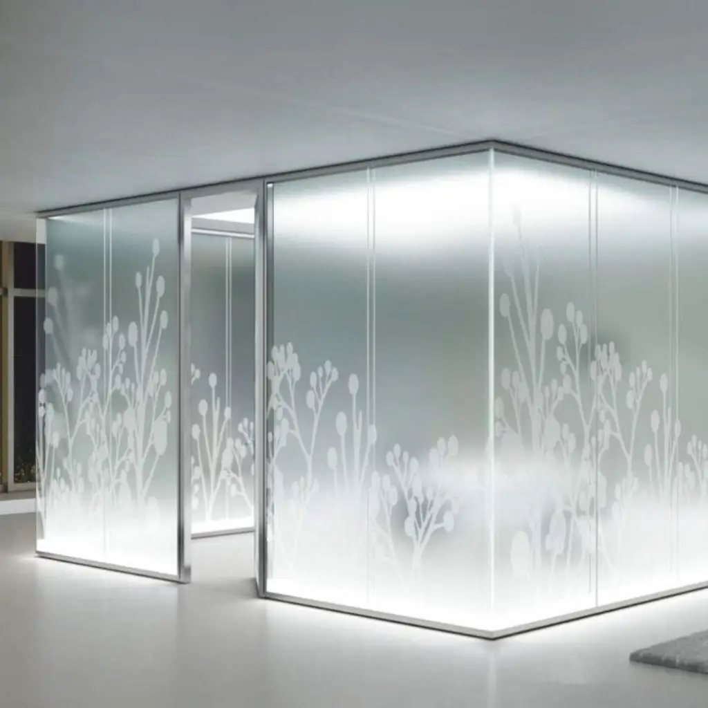 Modern office partition featuring floral mirror printing in Dubai.