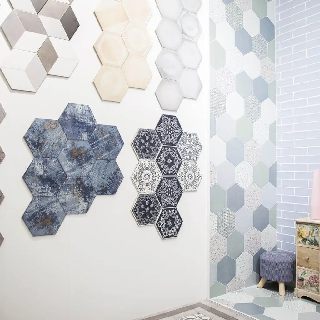 Display of patterned hexagon wall tiles showcasing intricate ceramic printing designs