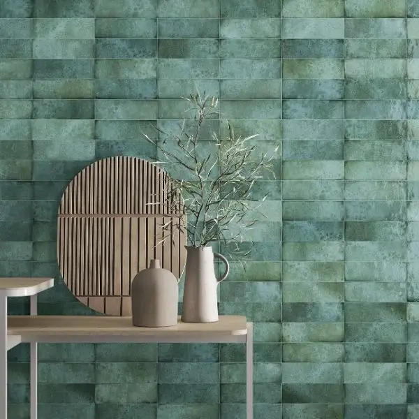 Textured emerald green wall tiles for a modern interior design Dubai living space