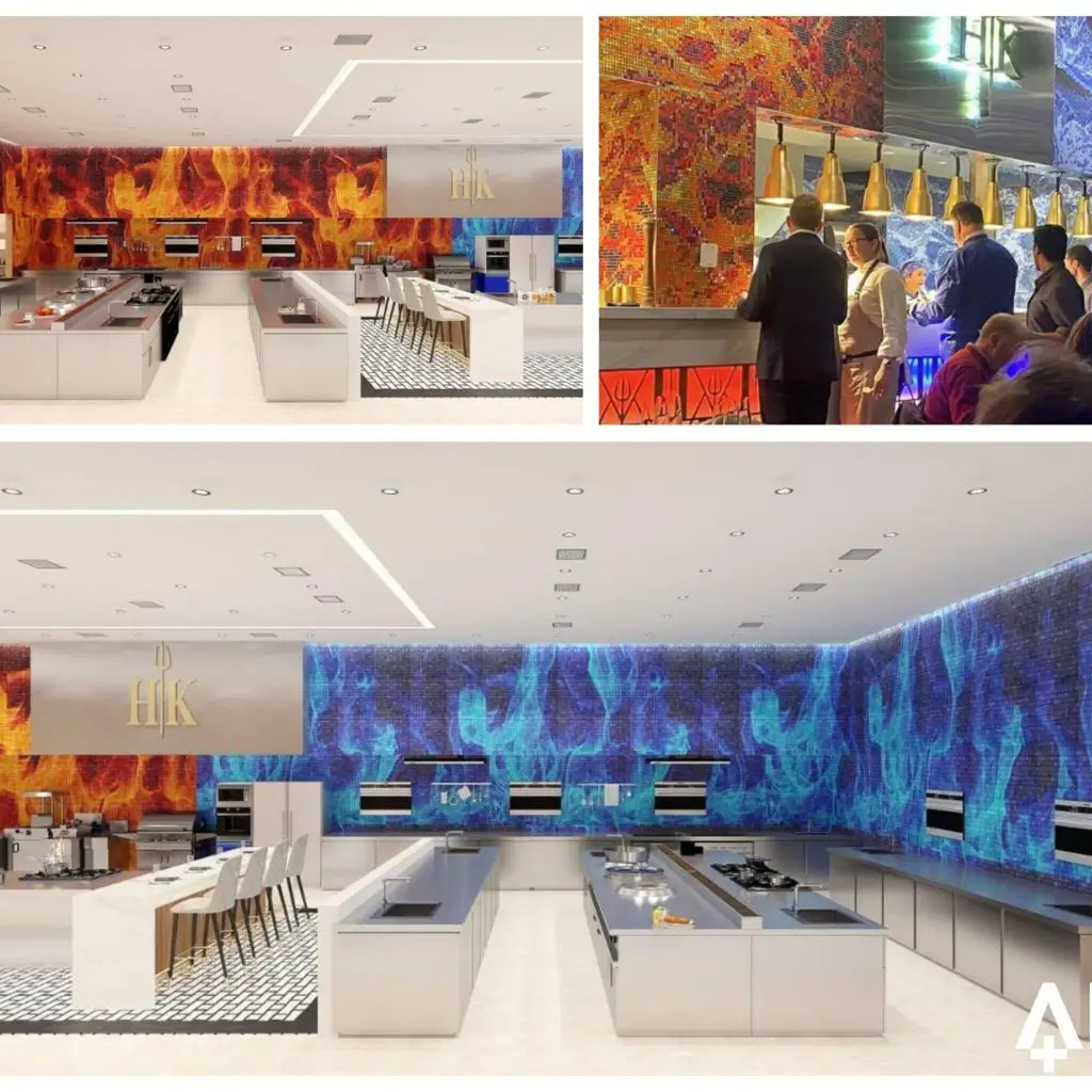 Modern kitchen interior featuring custom ceramic printing with red and blue fire flame designs.