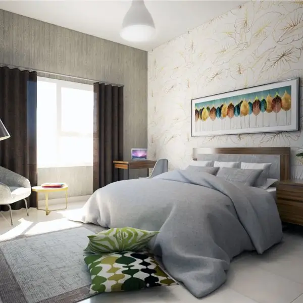 Contemporary bedroom interior design Dubai with floral wallpaper and grey bedding