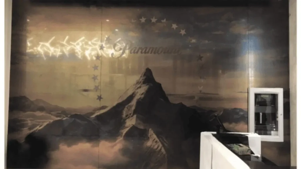 Custom Paramount wall display using premium mirror printing in Dubai.