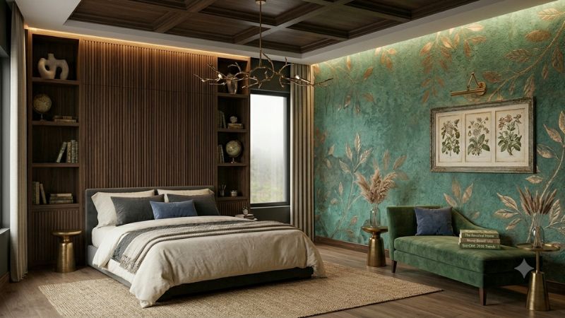 Luxury bedroom with textured green gold leaf wall