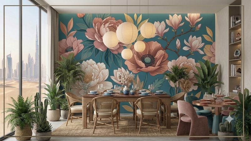 Custom floral print wallpaper in dining room