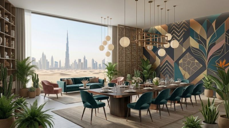 Geometric art deco wallpaper mural in dining room