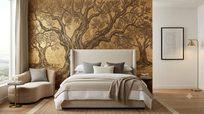 Luxury bedroom with gold metallic tree mural wall