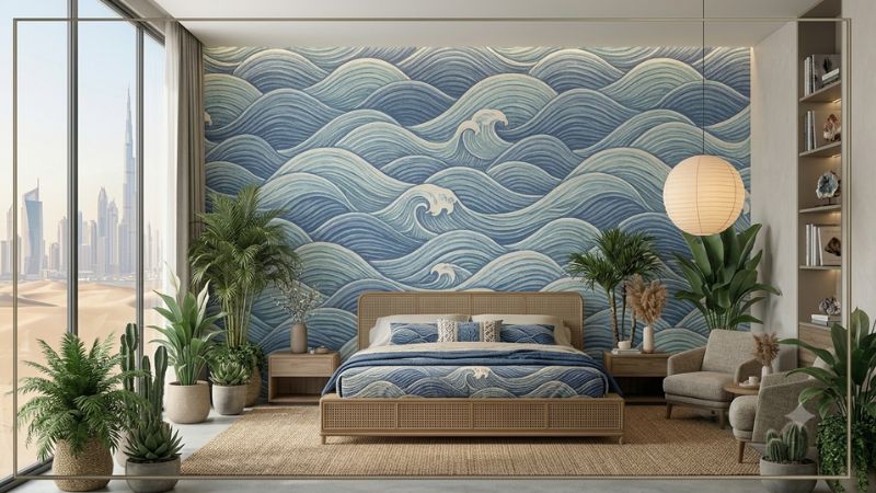 Blue ocean wave wallpaper mural in luxury bedroom