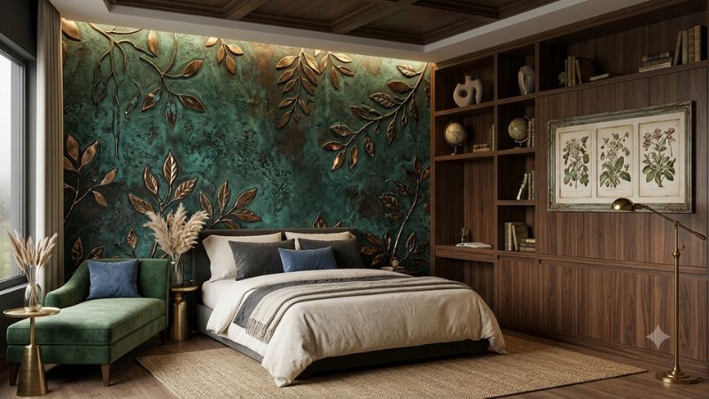 Luxury bedroom with textured green bronze leaf wall
