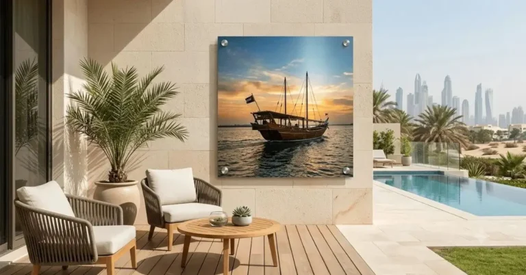 Dhow boat metal wall art on a luxury outdoor patio