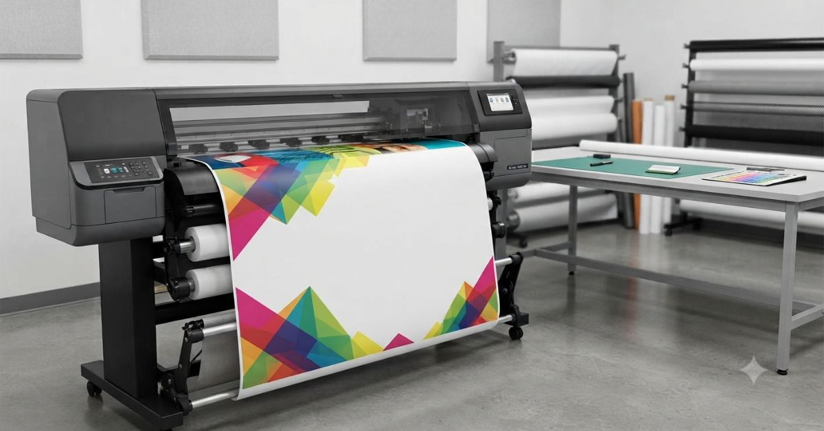 Large format printer producing colorful banner design