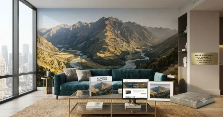 Living room with custom photo wallpaper mural