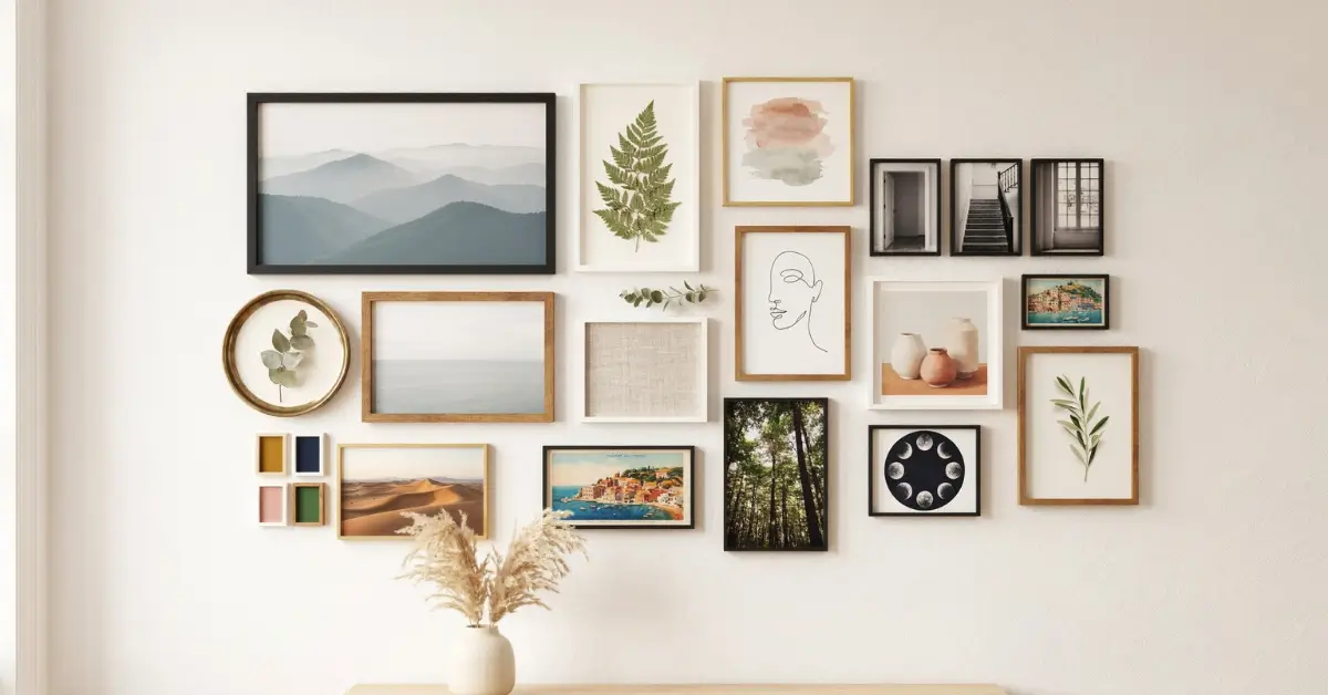 Modern gallery wall with mixed photo frames
