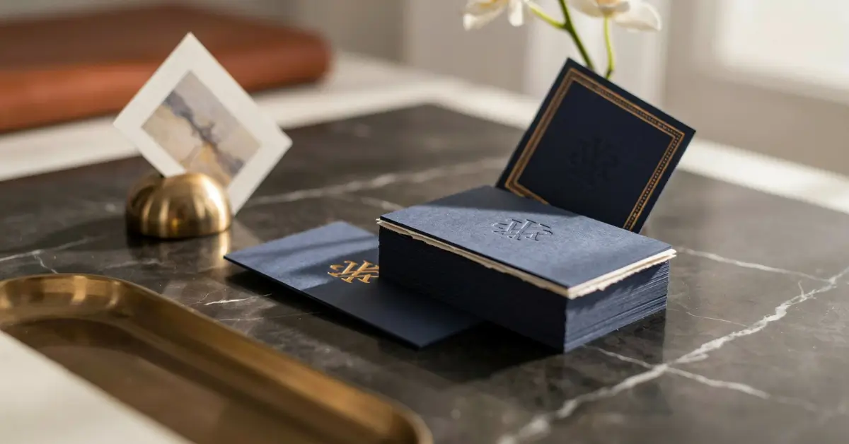 Premium blue business cards with gold foil in Dubai