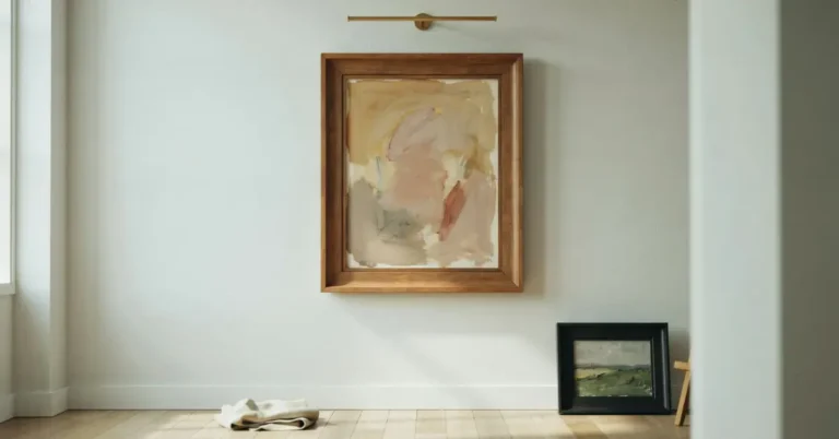 Large abstract painting in wooden frame on wall