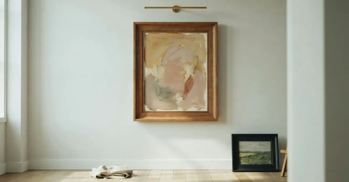 Large abstract painting in wooden frame on wall